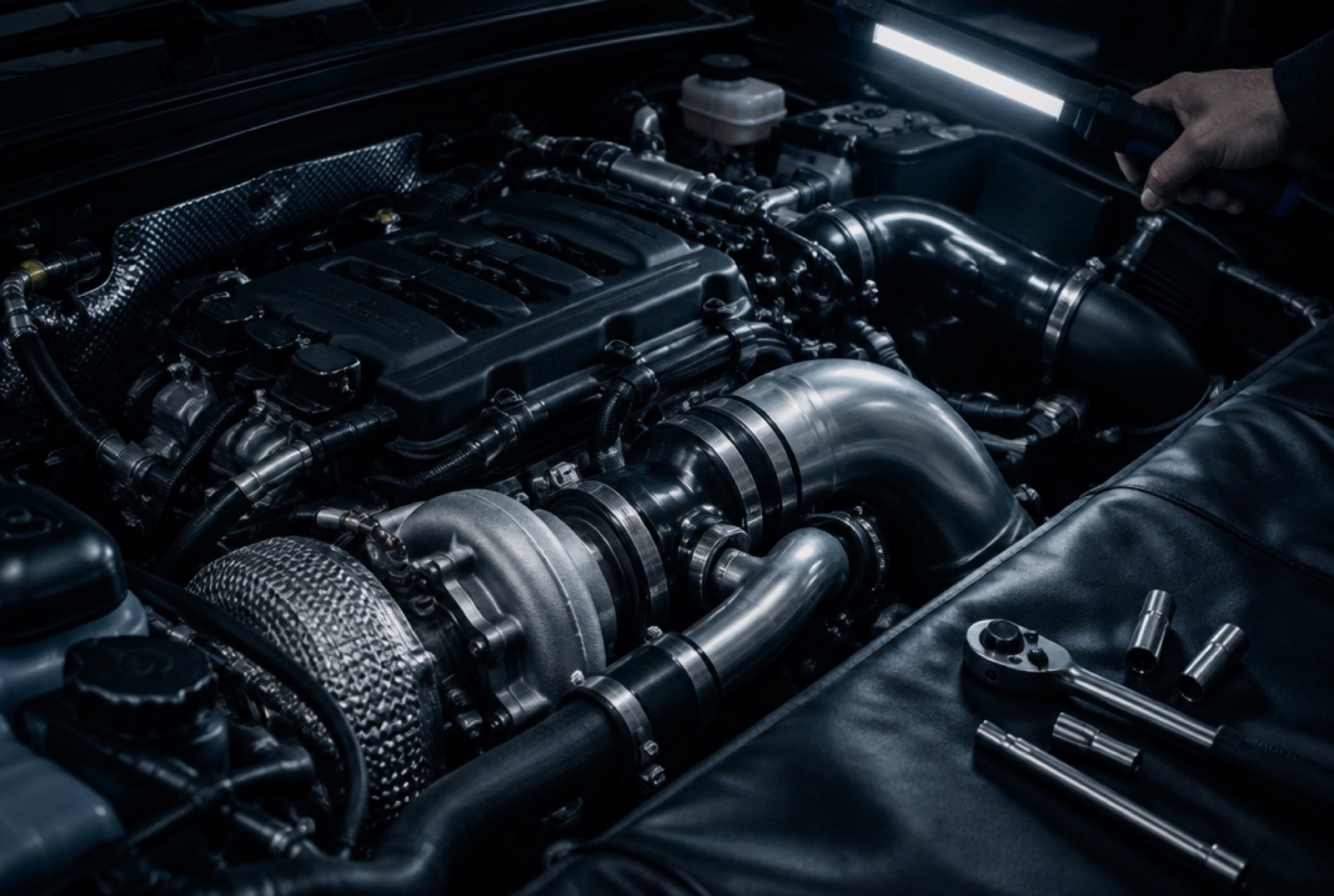 A turbocharged engine bay lit by a handheld work light, with a ratchet and sockets laid on a fender cover