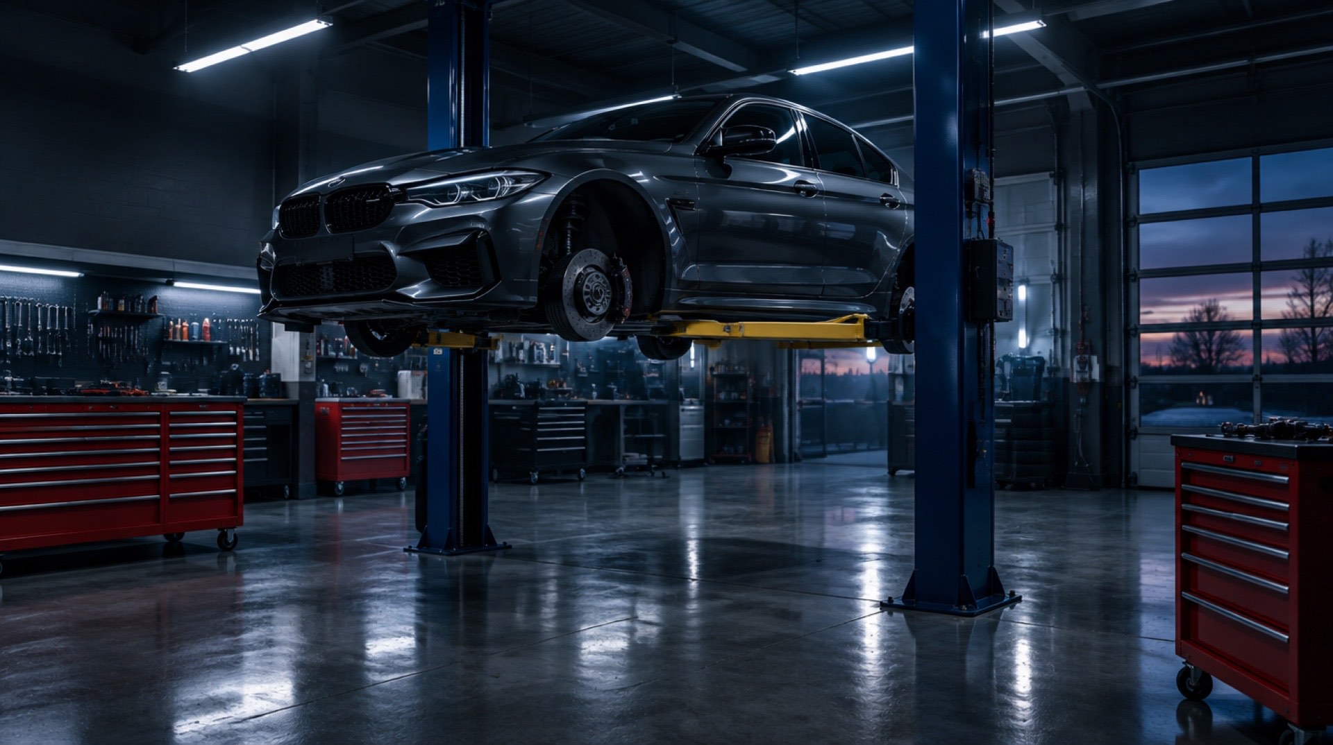 A dark performance sedan raised on a two-post lift inside the shop at dusk